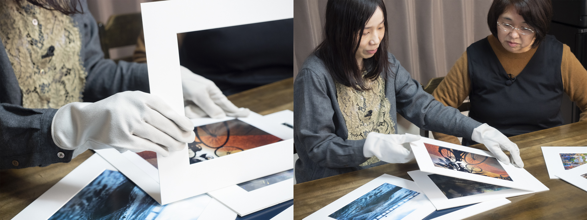 片面に窓の開いた厚紙（ブックマット）に写真を挟むと、それだけで展示の準備が完了。プリントだけを飾るカジュアルな方法よりも少しフォーマルなスタイルになる