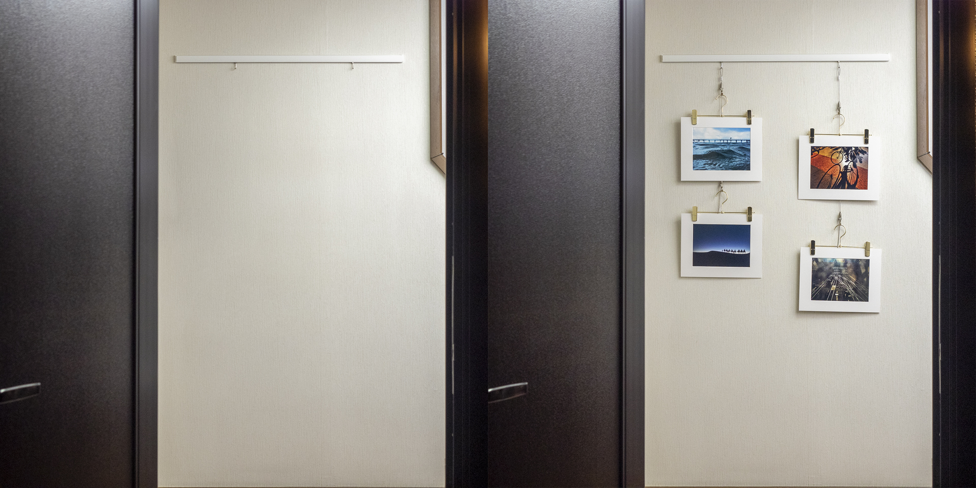 玄関のBeforeとAfter。高さを揃えて並べようとせず、ランダムに配置してリズムを作りながら飾るのがコツ