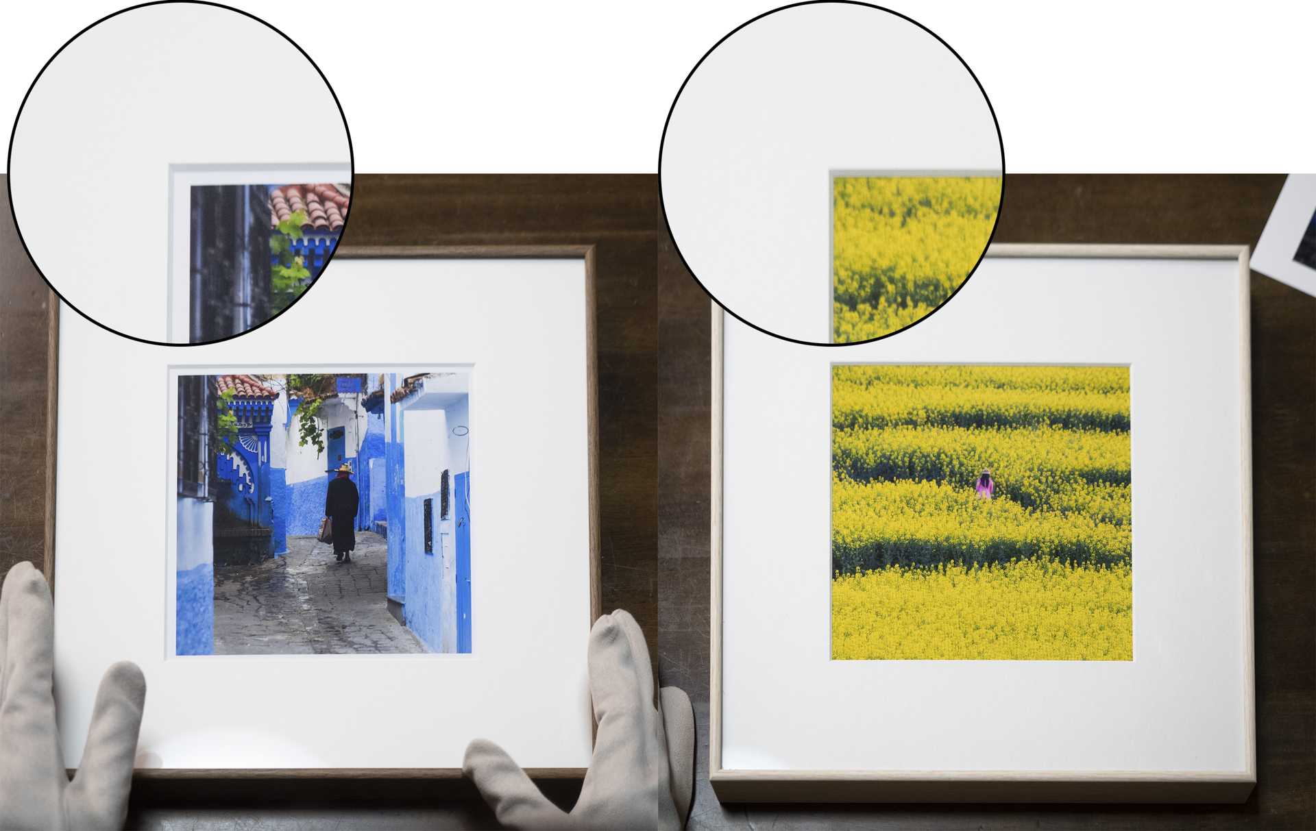 マットの窓より1mm小さくプリントしたもの（左）と、窓の全面に写真が見えるプリント。左は奥行き感、右は華やかさを出す展示に向いている