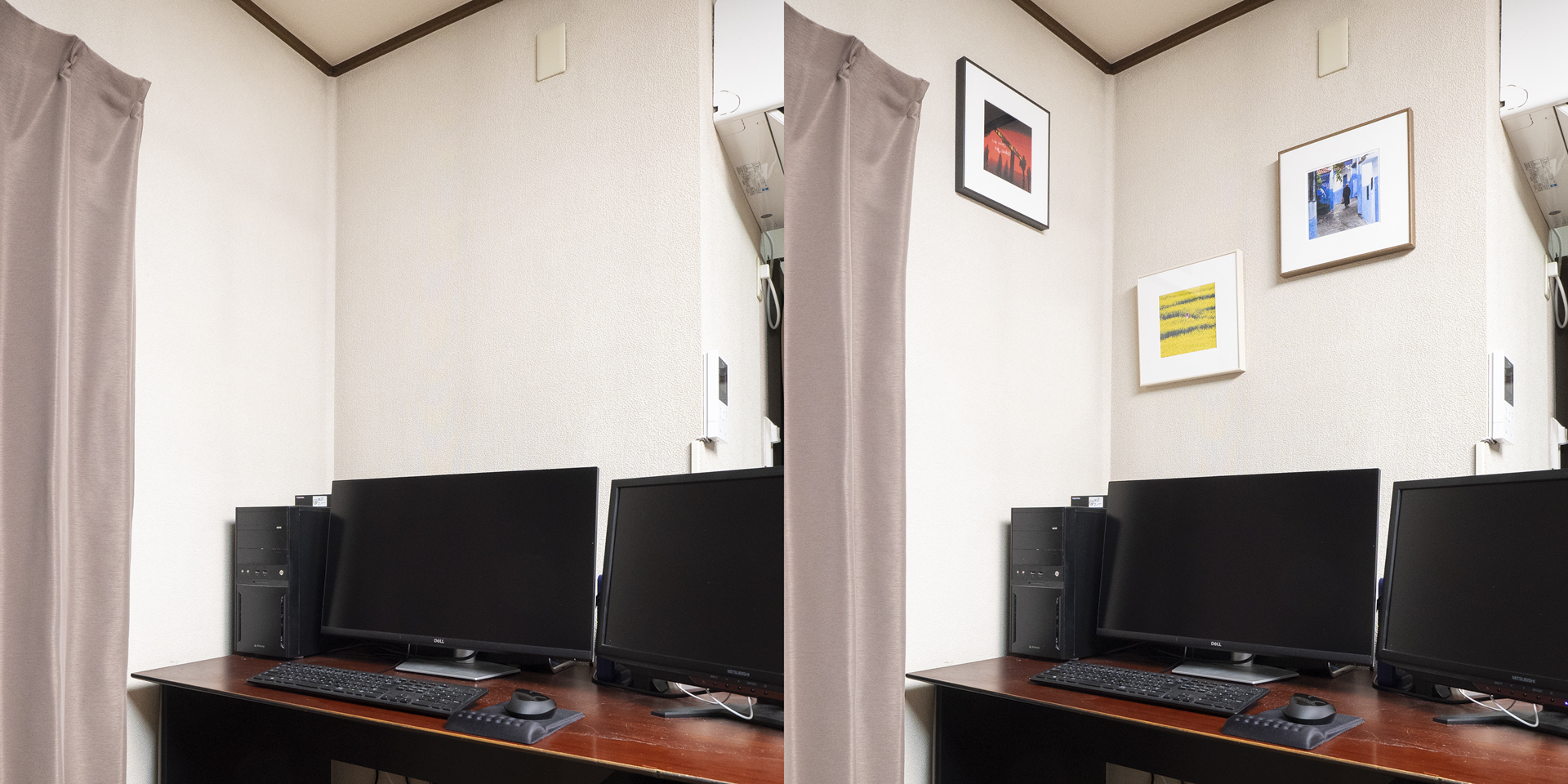 作業机のBeforeとAfter。視界に入りやすい正面にはメインとなる菜の花のプリントを、力強い赤い写真は左側の壁の上部に展示されている