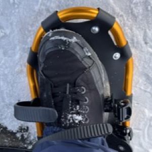 スノーシューに足を乗せてバンドを締める（バンドが外向き）