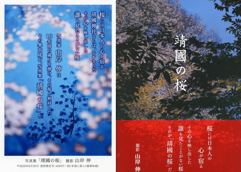 左は宣伝用ポストカード、右は写真集表紙。2017年6月21日 徳間書店より出版、「靖國の桜」撮影・山岸伸