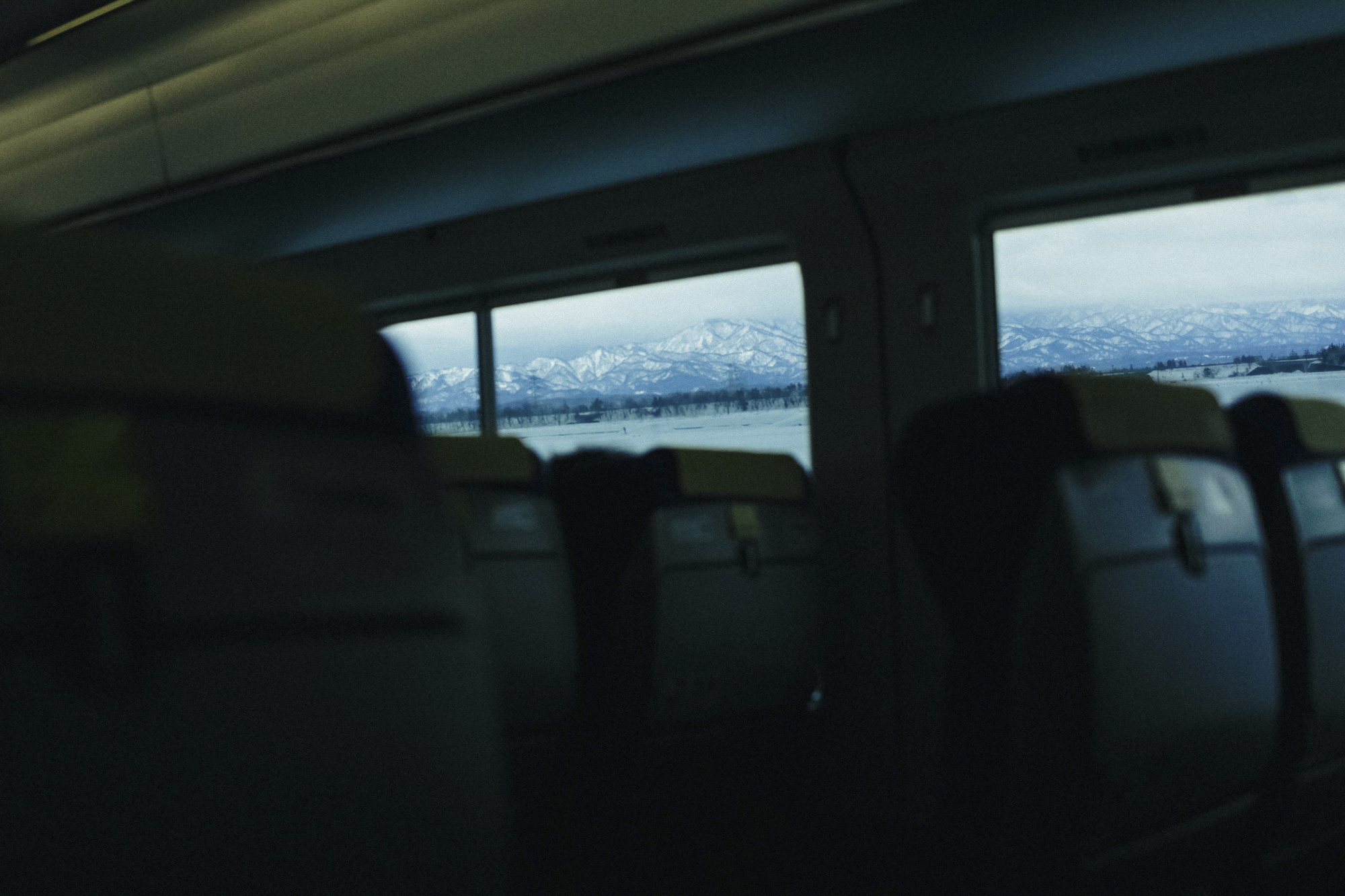 旅の初日、山形に向かう電車内。険しい山々が流れている車窓を撮りたかった。車内と屋外の明暗差は大きいが、どちらも階調を残してくれた<br><span class="fnt-85">EOS R8／RF35mm F1.8 MACRO IS STM／35mm／マニュアル露出（F2.8、1/1,600秒）／ISO 320／WB: 4300K</span>