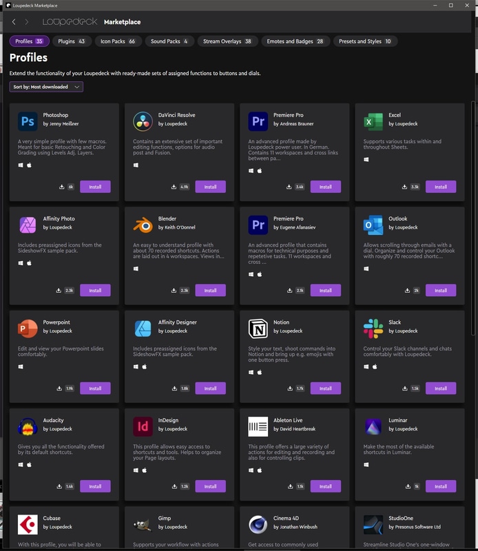 プロファイルやプラグインは、マーケットプレイスから各ソフト用の設定をダウンロードできる