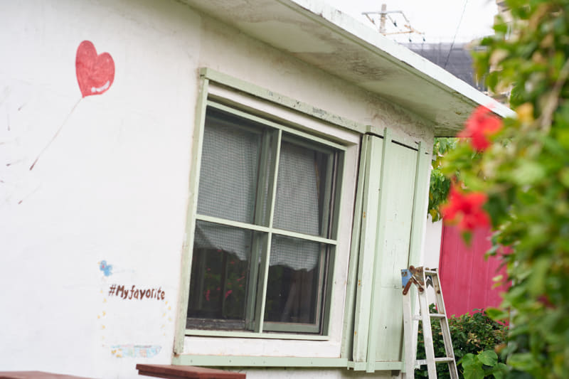 外国人住宅を改装したカフェやショップが連なる街で出合ったのは、緑の雨戸と緑の植物。そしてハイビスカスの赤、雨戸の赤、バンクシー風の絵の赤。発色の良さにハッとする。<br>ライカSL2-S／ノクティルックスM f1.25/75mm ASPH.／絞り優先AE（F2.4、1/250秒、±0EV）／ISO 100／WB：オート