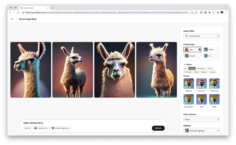 テキストで指示した内容から、Fireflyが画像を生成