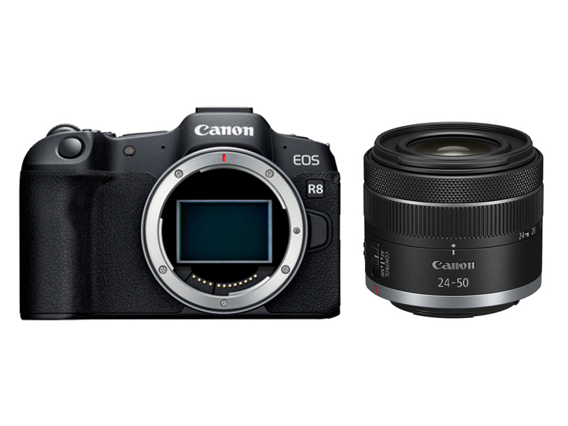 左からEOS R8、RF24-50mm F4.5-6.3 IS STM