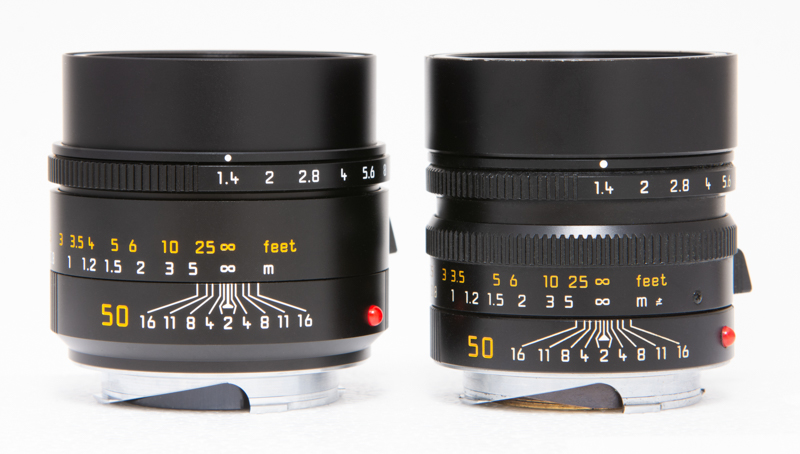 向かって右が筆者所有の従来型ズミルックスM f1.4/50mm ASPH.、左が新型だ。新型はフォーカスリングのローレットがなくなり、デザインが大きく変わった。