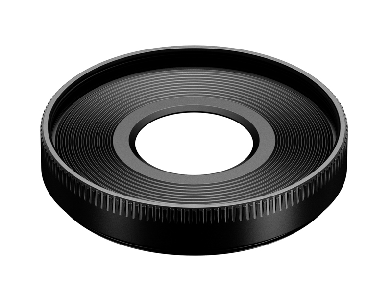 別売でレンズフード「EW-55」（直販税込4,950円）を用意。レンズ前面のフィルタースレッドに取り付ける。