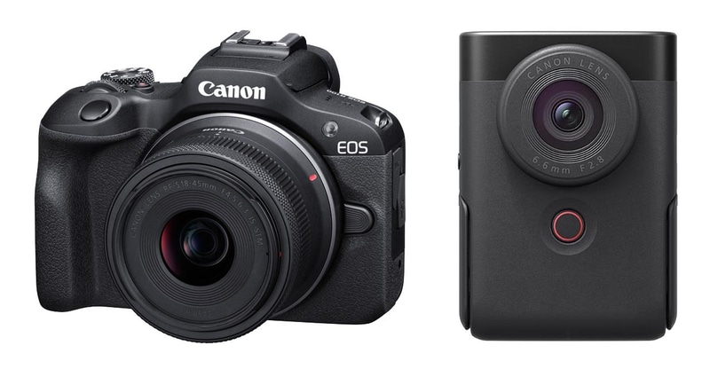 左から「EOS R100・RF-S18-45 IS STMレンズキット」「PowerShot V10」