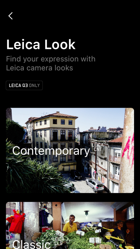 Leica FOTOSアプリの画面。ライカQ3と接続すると、Leica Lookのファイルをダウンロードできる。現在用意されているのは5種類。なお、Leica Lookに対応している機種は今のところライカQ3だけだ