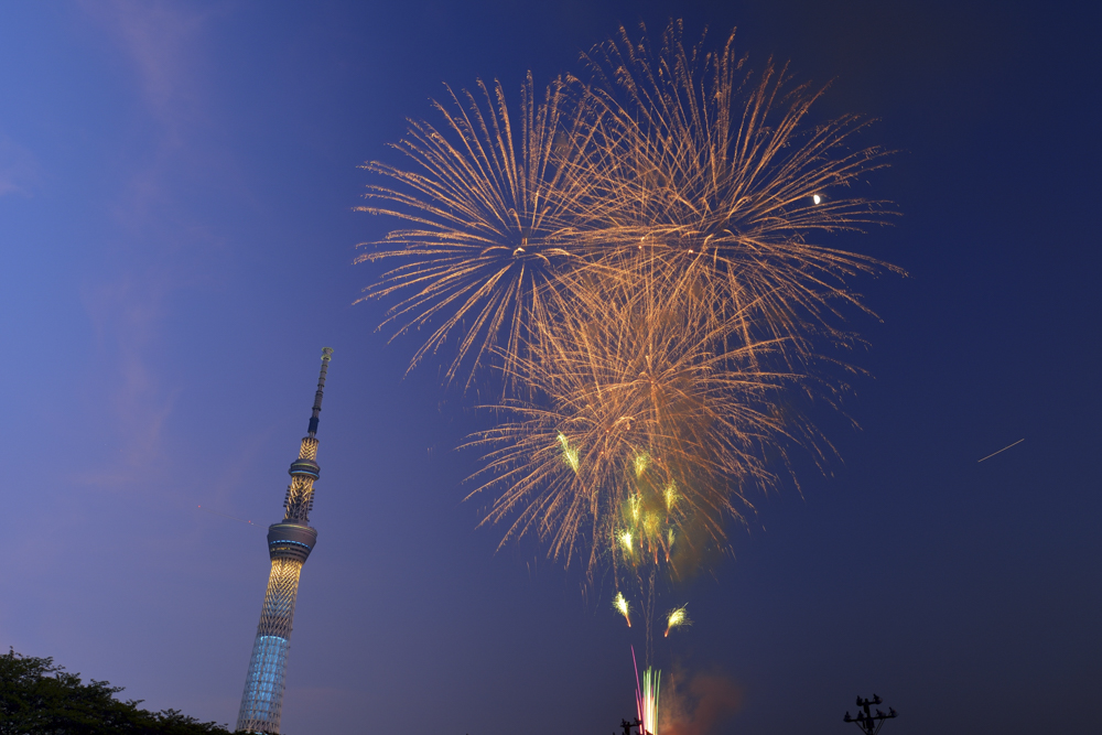 和火花火は色も明るさも大人しい花火だ。ISO感度や絞りを調整し露出アンダーにならないようにして撮影した（撮影：金武 武）<br><span class="fnt-85">D600／AF-S NIKKOR 18-35mm f/3.5-4.5G ED／27mm／マニュアル露出（2.4秒、F8.0）／ISO 100</span>