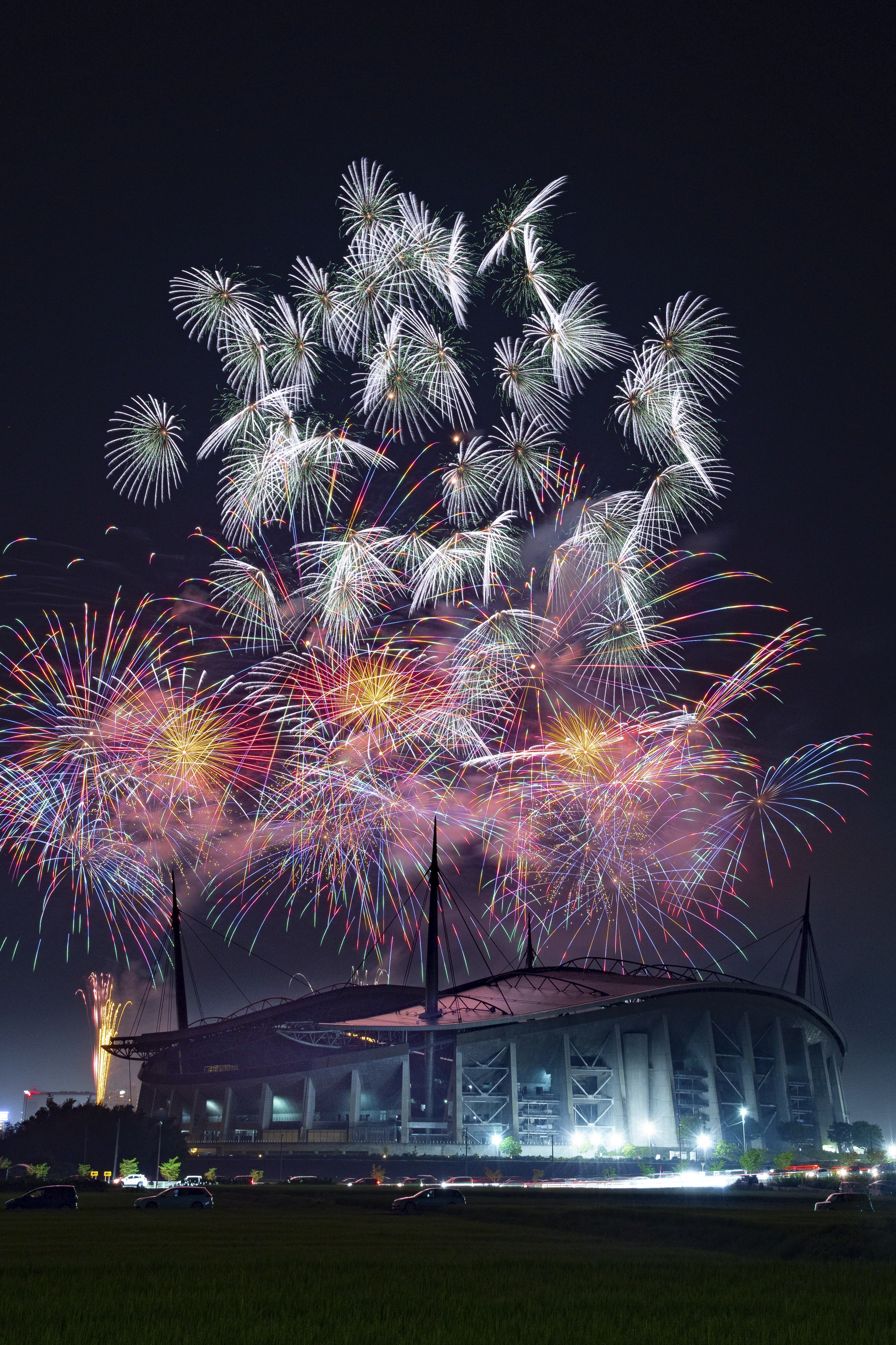 小さな花火が一斉に開花する千輪菊花火。下に写っているのは豊田スタジアム（撮影：金武 武）<br><span class="fnt-85">D7500／AF-S DX NIKKOR 16-80mm f/2.8-4E ED VR／30mm（45mm相当）／マニュアル露出（11秒、F8.0）／ISO 100</span>