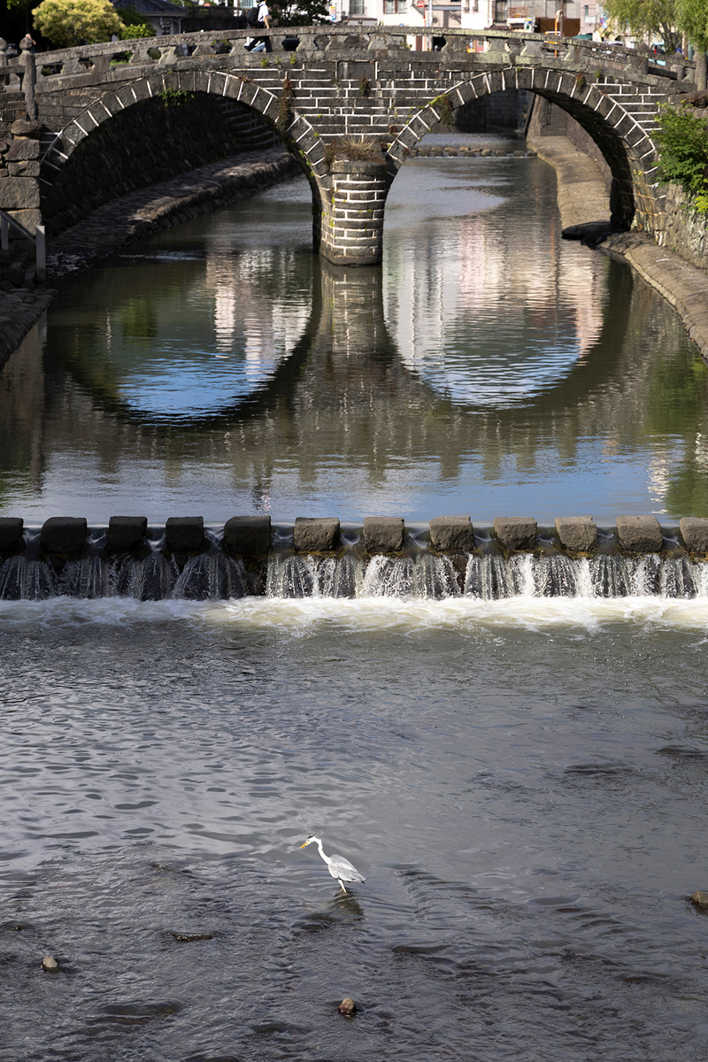 眼鏡橋は日本最古のアーチ型の石橋なのだそう。手前に白い鳥を入れることで、撮られ尽くした観光写真がひと味違った表現になった。撮影ポイントが限られる観光スポットではズームレンズが重宝する<br><span class="fnt-85">EOS R8／RF24-105mm F4 L IS USM／85mm／マニュアル露出（F4、1/1,000秒）／ISO 100／WB：オート</span>