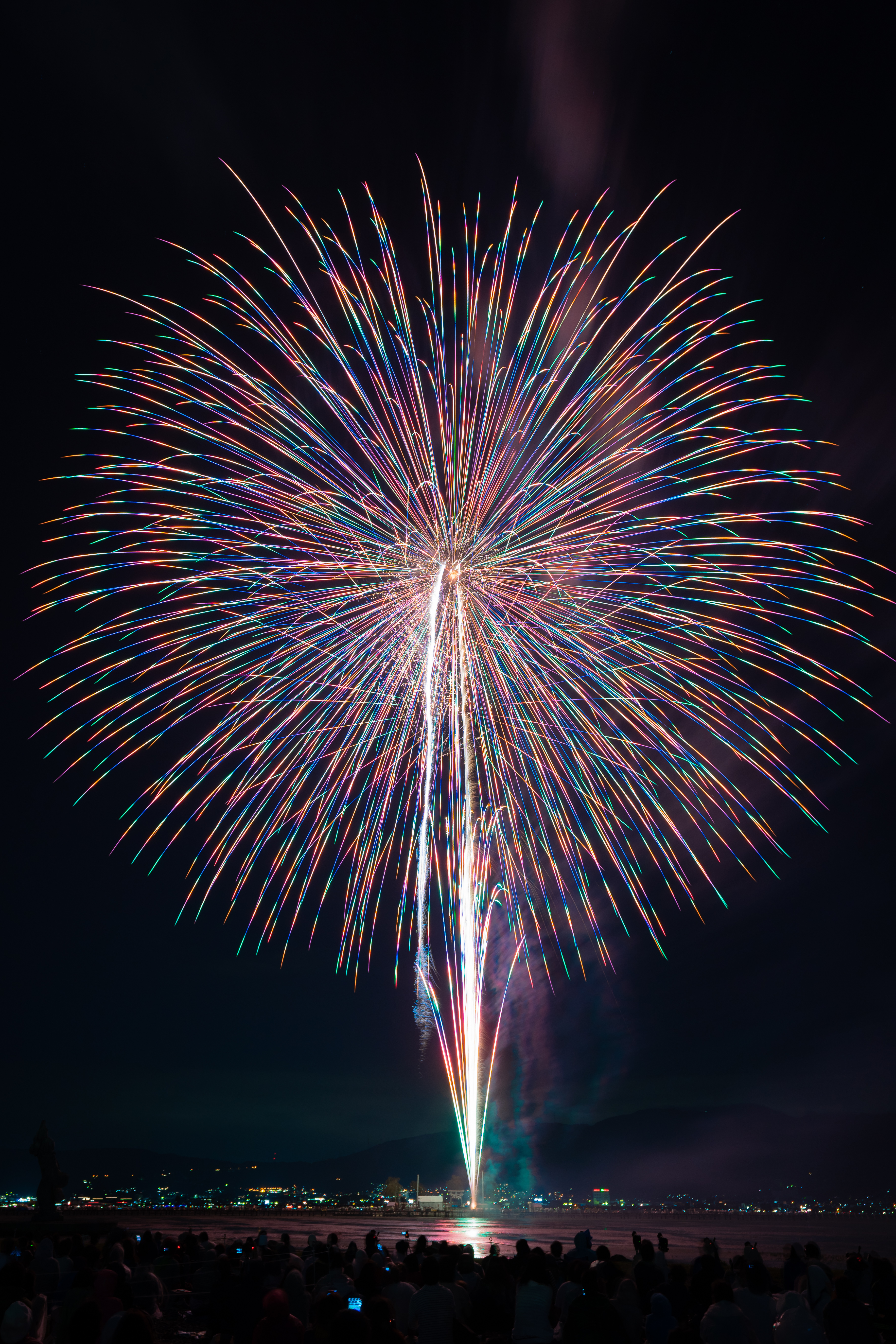 時差式花火、時間差花火、グラデーション花火といわれるタイプの花火。光跡の変化が従来の花火とは違いイルミネーションの様に複雑に変化する。競技大会に行くと一般の花火大会とは違った花火に出会える（撮影：金武 武）<br><span class="fnt-85">α9／FE 16-35mm F2.8 GM／23mm／マニュアル露出（46.0秒、F5.6）／ISO 100</span>