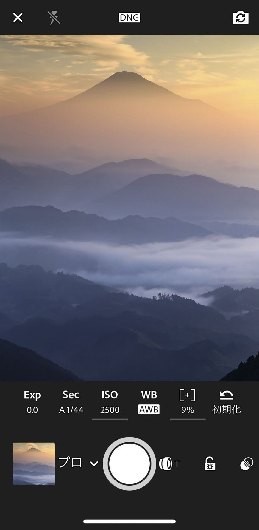 プロフェッショナルモードでは、ISO感度などが変更できる