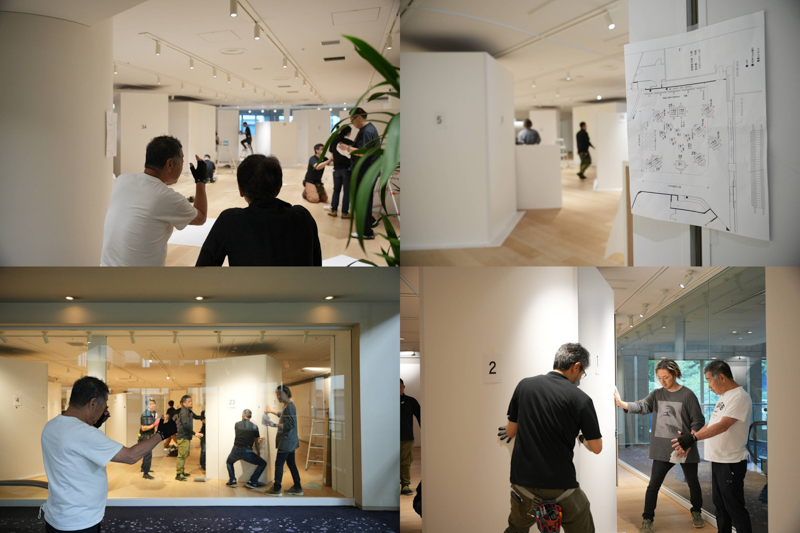 事前に作った図面はあるが、実際に柱を立ててみると想像していた見え方と全然違う。会場を歩き回り、様々な角度からの見え方のバランスを取る