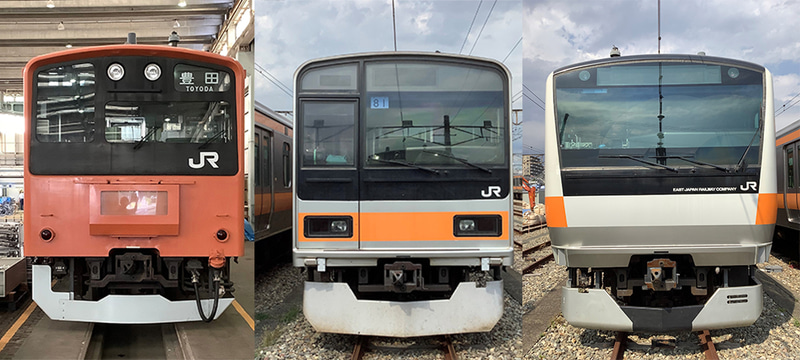 左から201系、209系1000番台、E233系（画像提供：JR東日本八王子支社）