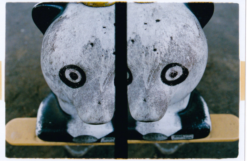 近くの公園にあるこのパンダ、顔がとぼけているので前を通るたびにシャッターを切ってしまうのですが、2分割にしてやりました。別に恨みはないんですけど<br>KONICA FT-1 PRO HALF／New HEXANON AR 24mm F2.8（シャッター速度優先AE・1/500秒）／フジカラーPREMIUM 400