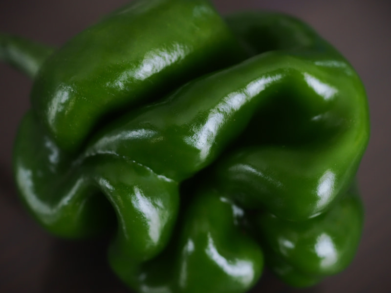 エドワード・ウエストンの「Pepper No.30 1930」の真似をしてみました。良い質感描写ですね。酷暑なので、家庭菜園のピーマンがみんな変形してしまいましたが、面白い形のものが多く毎日のように撮影しております。この条件では手ブレ補正が効いています<br>OM-1／M.ZUIKO DIGITAL ED 30mm F3.5 Macro／絞り優先AE（F4.5・1/25秒・-1.3EV）／ISO 1600