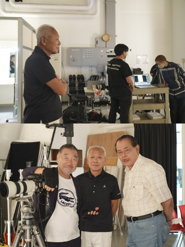 （上）撮影を眺める廣川さん　（下）左から私、廣川さん、サンズエンタテインメント 野田会長