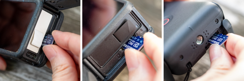 GoPro12（左）、Action 4（中央）、V10（右）のメモリーカードスロット。指先ほどの極小メモリーカードを、狭くて小さなスロットに挿入するのだから、落としたり反対に入れてしまったりなどのトラブルが絶えない。どちらもメモリーカードの破損につながるので、慎重に確認しながら作業しよう