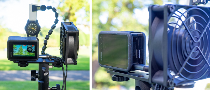 連続撮影の様子。三脚にステーを乗せ、バッテリーを外したアクションカメラと空冷ファンをセット。空冷ファンは両面テープで固定。どちらもモバイルバッテリーで駆動し、ファンの風をカメラ内部に送る。検証映像を撮ることが目的のため、ファンによる風きり音の対策はしていない