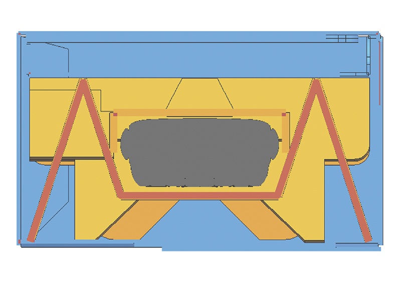 段ボールパッキンを断面でみると、カメラを浮かせて衝撃を吸収する構造がわかる