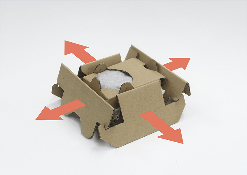 落下4方向に対しては、複数回の衝撃に耐えられるように、傾斜を入れたV字形状で衝撃を吸収する