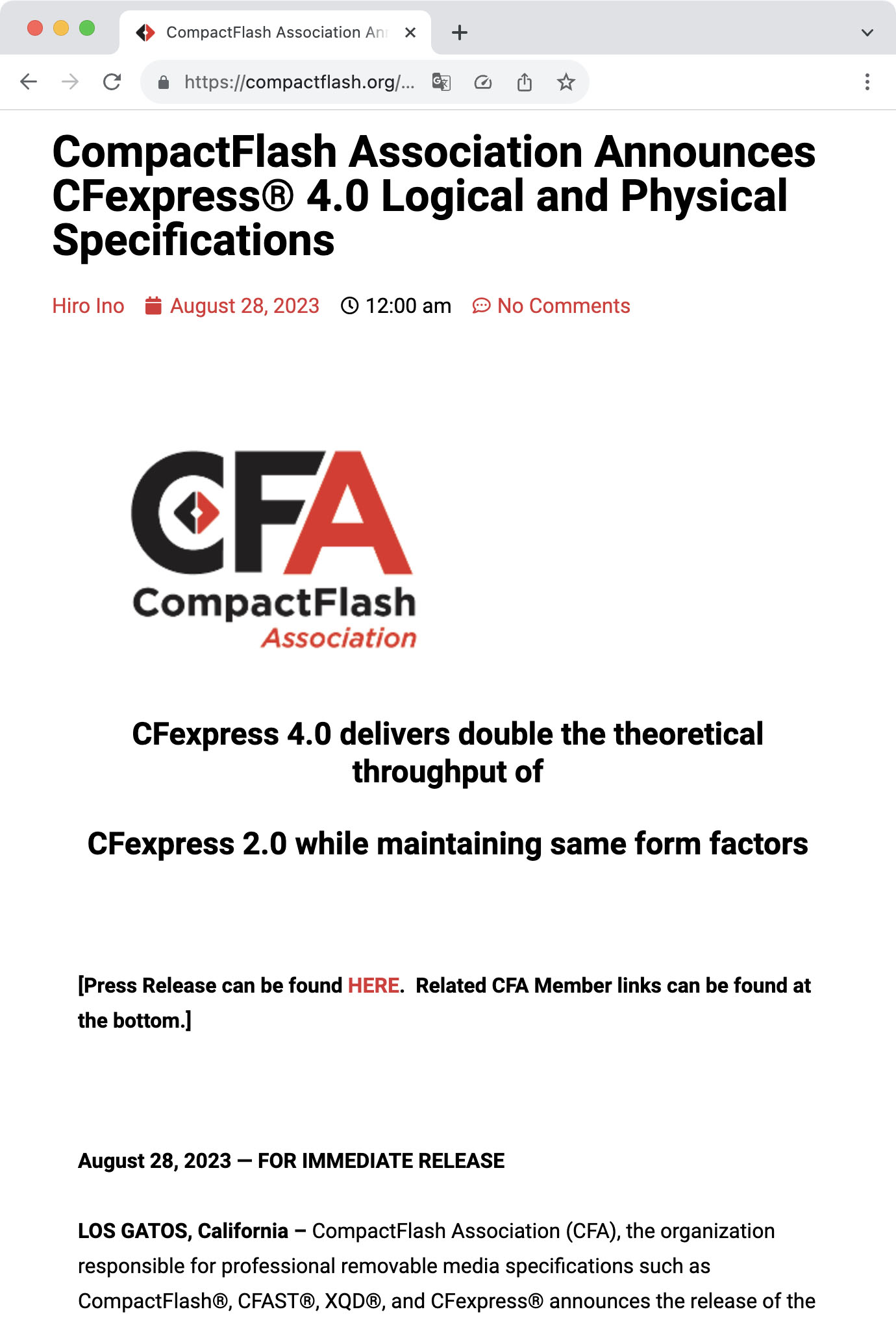 CompactFlash Associationが公開したCFexpress 4.0導入のプレスリリース	https://compactflash.org/compactflash-association-announces-cfexpress-4-0-logical-and-physical-specifications/