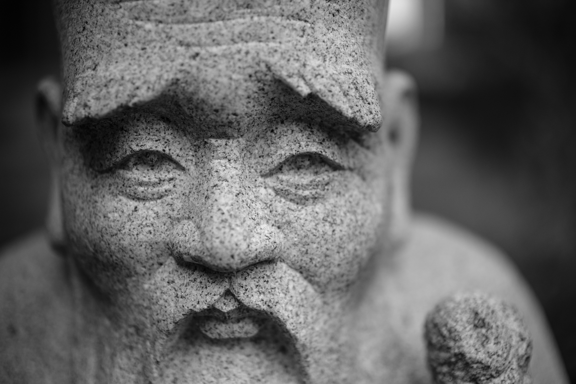 石像。思い切りアップで。もともと色がないのでフィルムシミュレーションはアクロスで撮影。これも撮影条件の割には硬調なイメージです。優れたレンズですね<br>X-T5／NOKTON 35mm F0.9 Aspherical／絞り優先AE（F0.9・1/5,800秒・-0.7EV）／ISO 200／アクロス