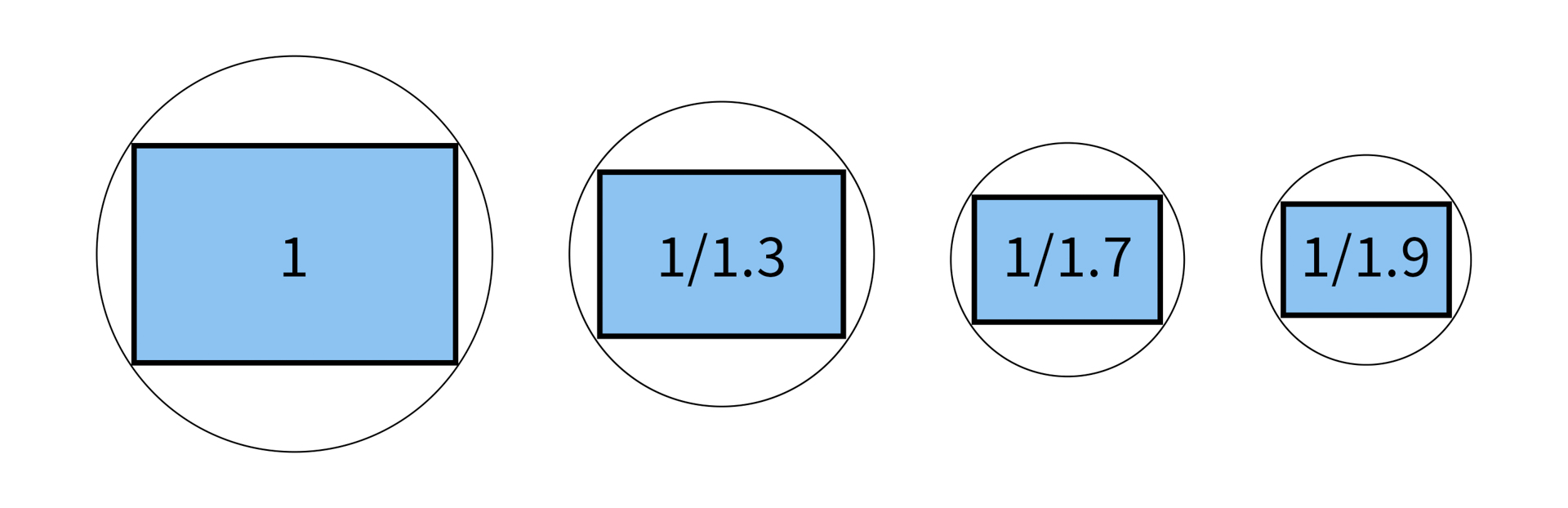 アクションカメラに搭載されている主な撮像素子のサイズを比較。現状では1インチのイメージセンサーを搭載したアクションカメラは販売されていないため、Action 4の1/1.3インチが最大サイズとなる