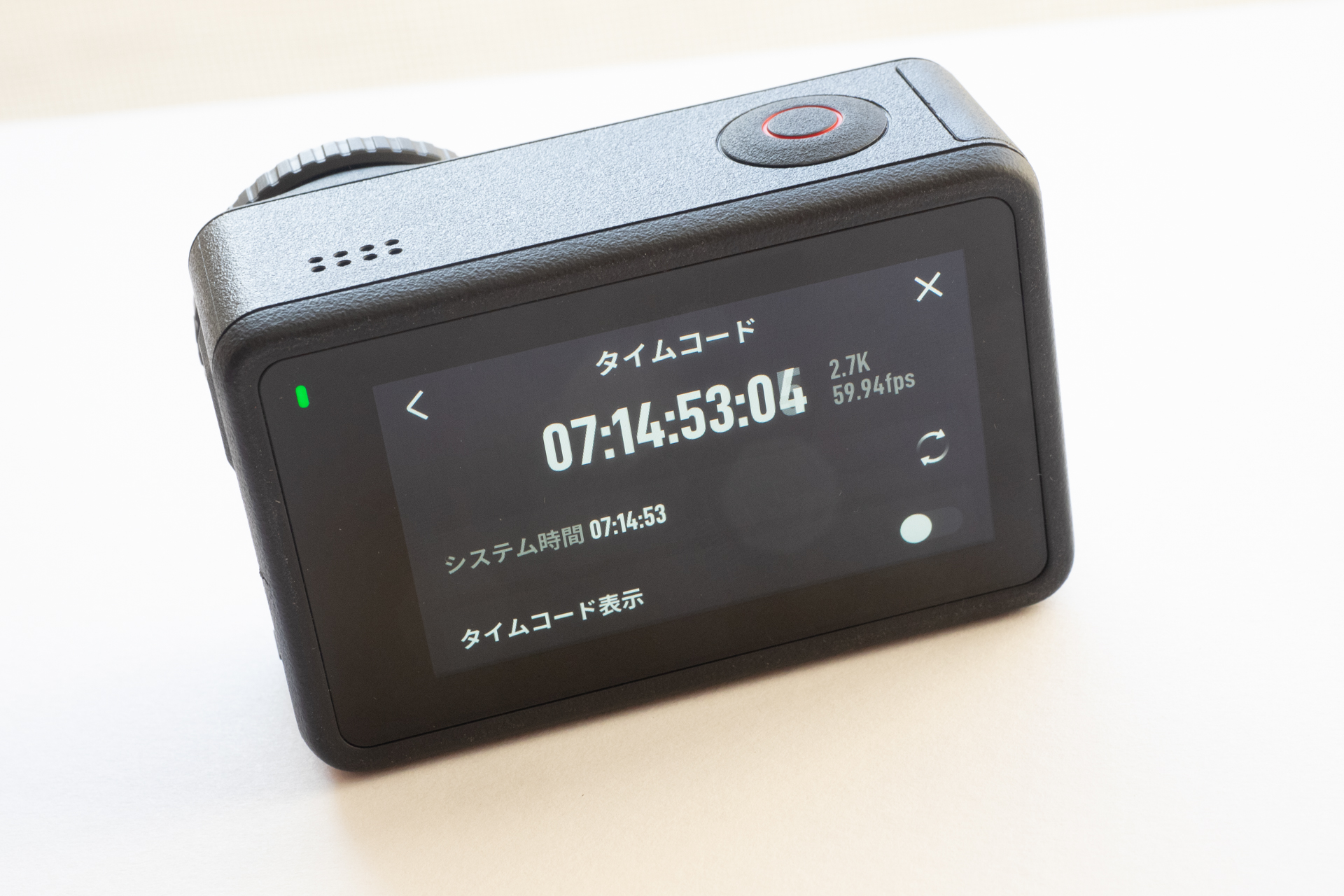 タイムコードの設定と確認画面。USBケーブルで同期するだけでなく、システム時間（カメラのタイムスタンプ）に合わせたり、リセットしてゼロからカウントしたりもできる