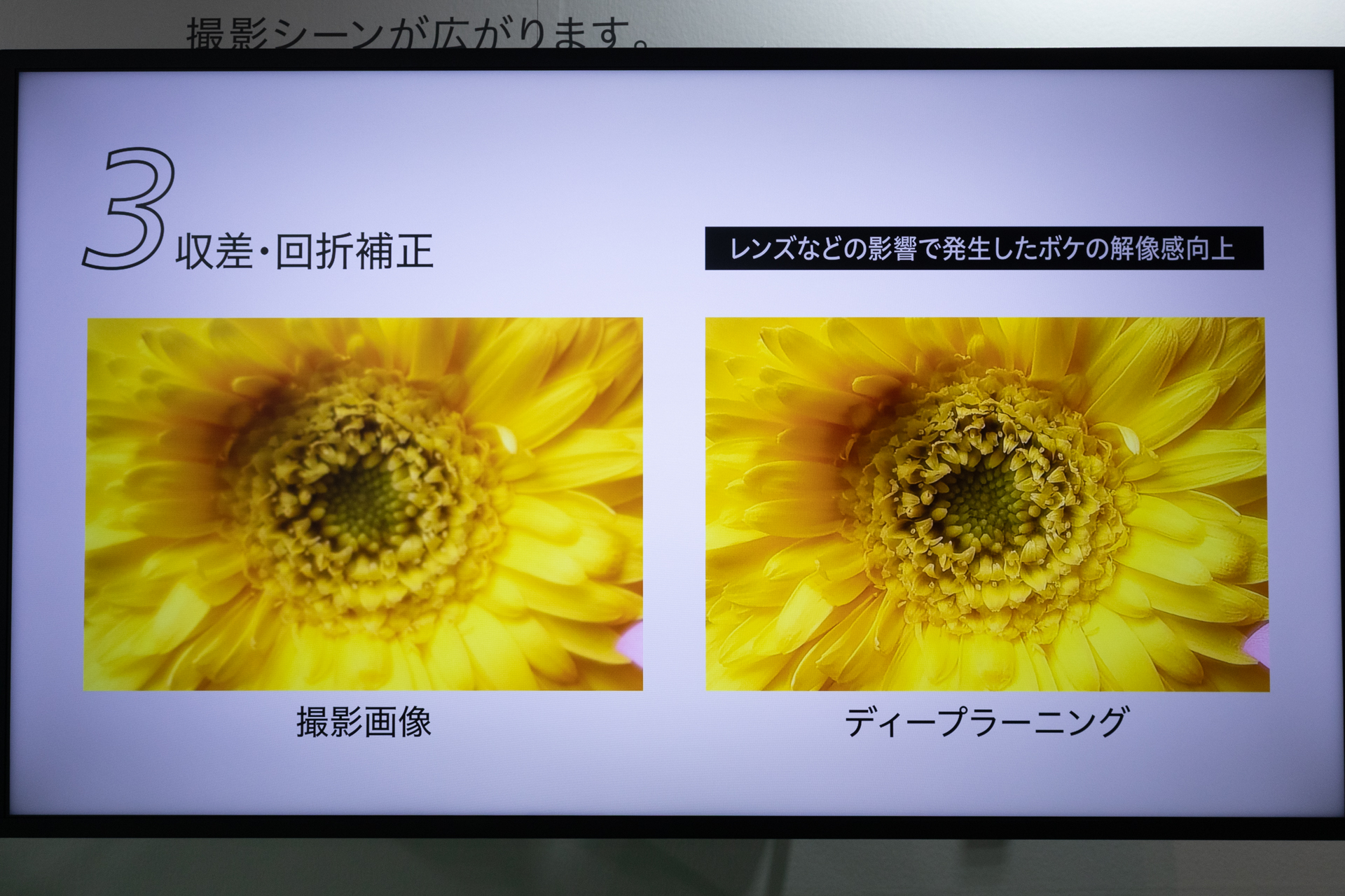 例として、収差の影響でぼやけた画像も鮮明になるとした