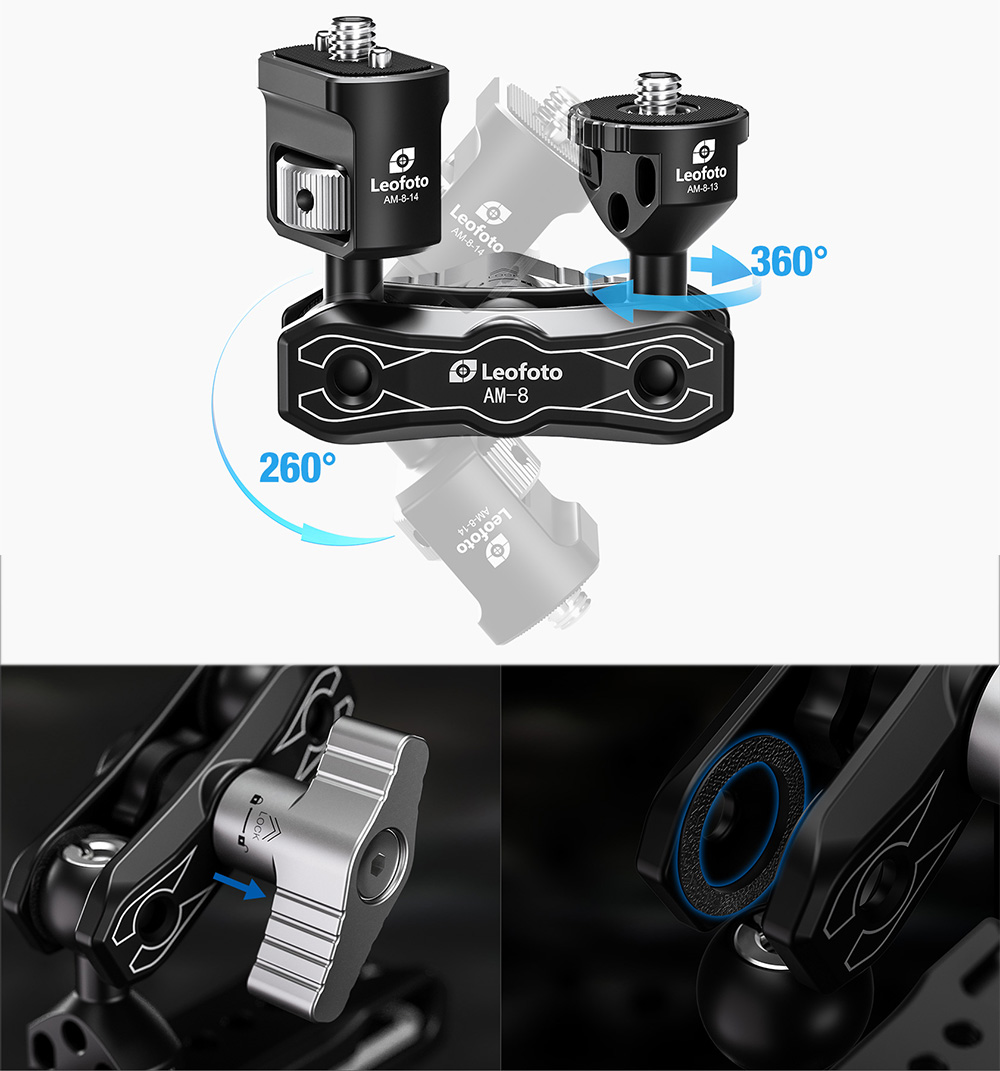 可動範囲（上）、ロックノブ（下段左）、取り付け部（下段右）。取り付け部内部にはラバーリングを備える