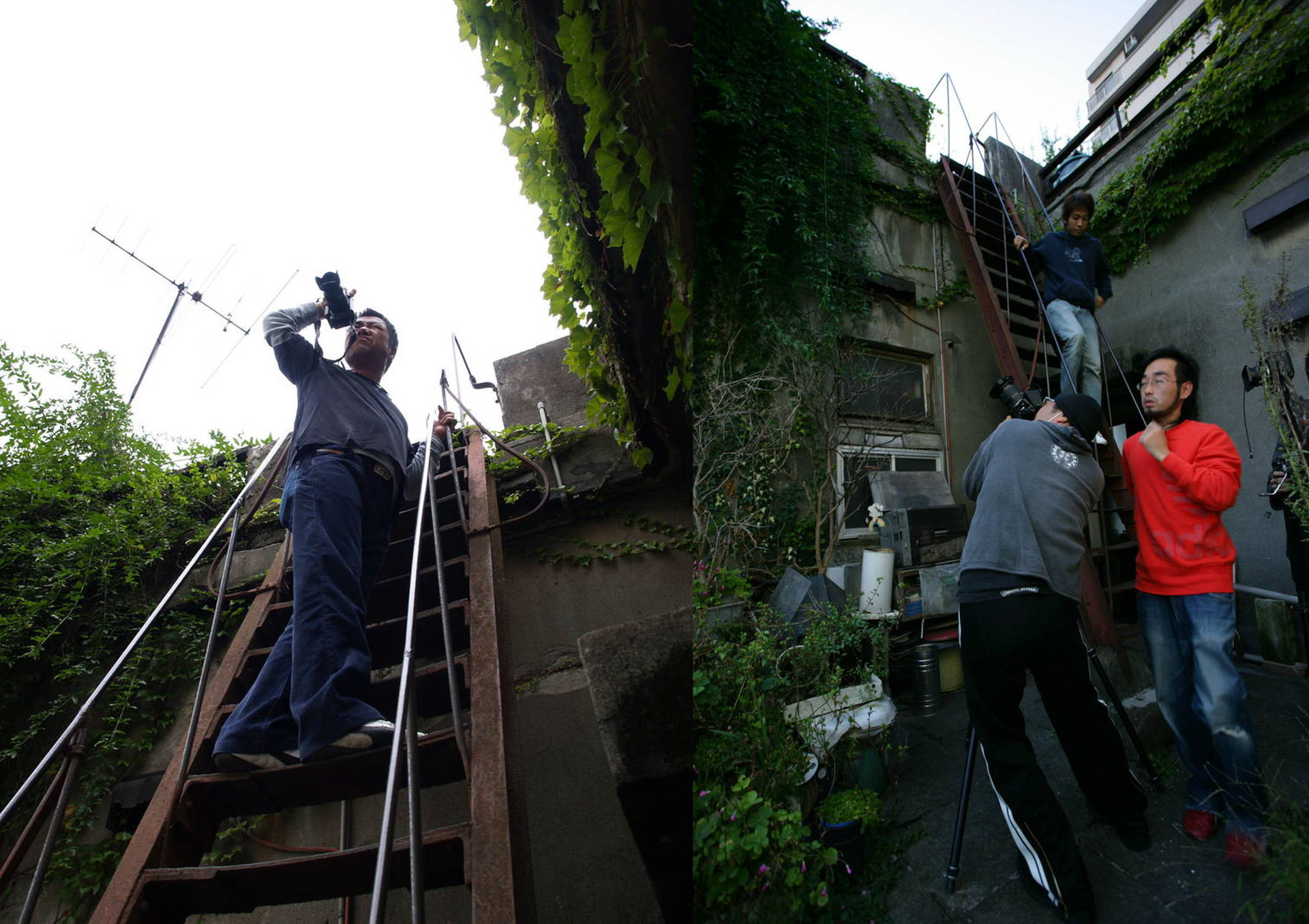 屋上に続く梯子は古びた質感に加えてなかなかの傾斜がある