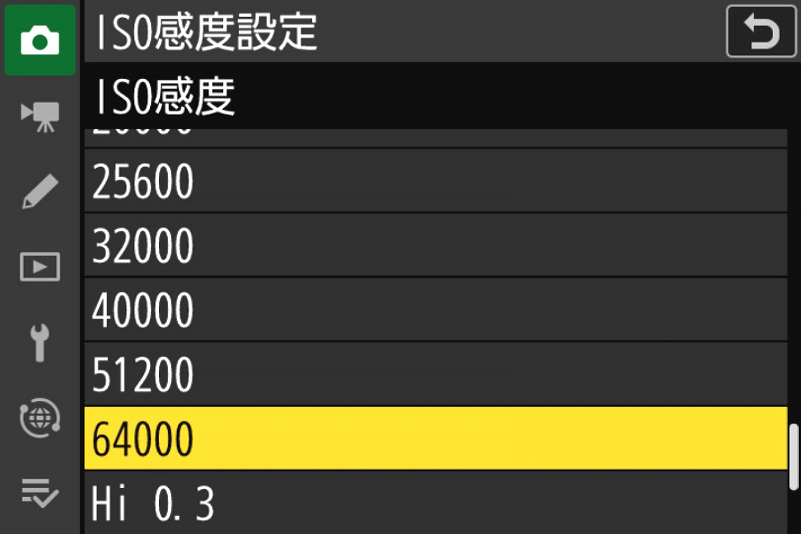 ISO感度ダイヤルで設定できますが、分かりやすくメニュー画面で表示してみました