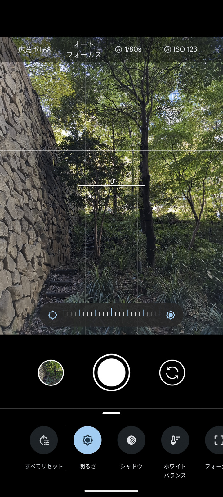 Pixel 8 Proの補正画面。明るさ、シャドウ、ホワイトバランスとそれぞれ個別に切り替えて設定する。ただし構図を変えても補正した露出が維持されるなど、撮影しやすい