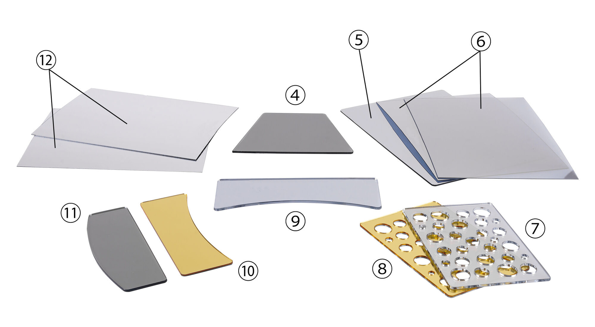 <b>ユニバーサルエクスパンションパック（拡張キット）</b><br>④シースルーシルバートラペゾイド⑤シースルーシルバーバーンドア⑥シースルーシルバーカッタブル（×2）⑦シースルーシルバースイスチーズ⑧シルバーゴールドスイスチーズ⑨シースルーシルバーコンケーブ⑩シルバーゴールドコンケーブ⑪シースルーシルバーコンベックス⑫シルバーカッタブル（×2）