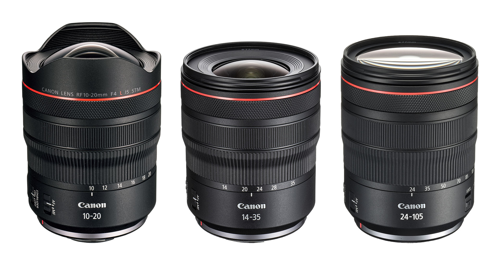 左からRF10-20mm F4 L IS STM、RF14-35mm F4 L IS USM、RF24-105mm F4 L IS USM