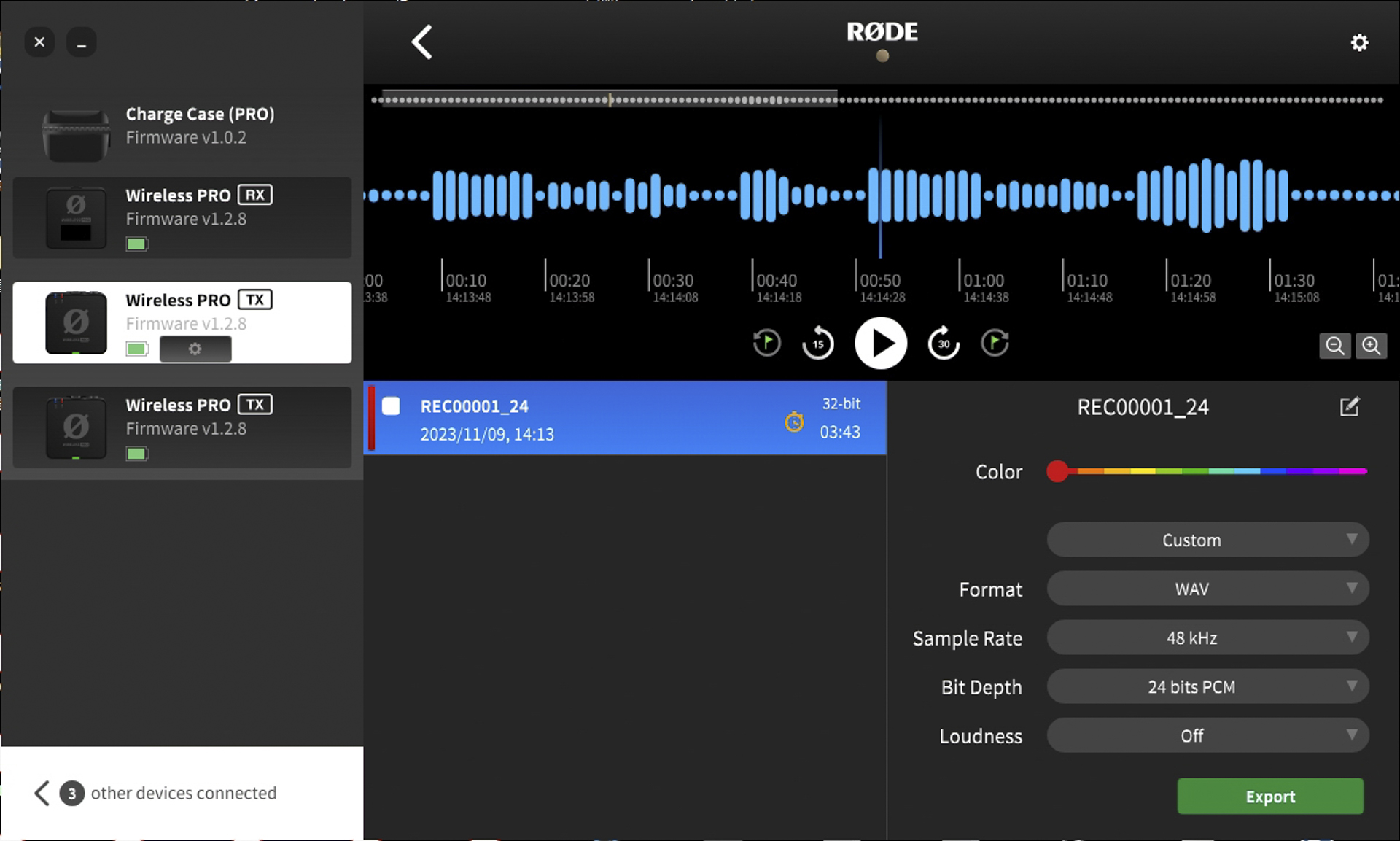 RODE Centralでオンボード録音の再生も可能。右のメニューから24bitなどで書き出せる
