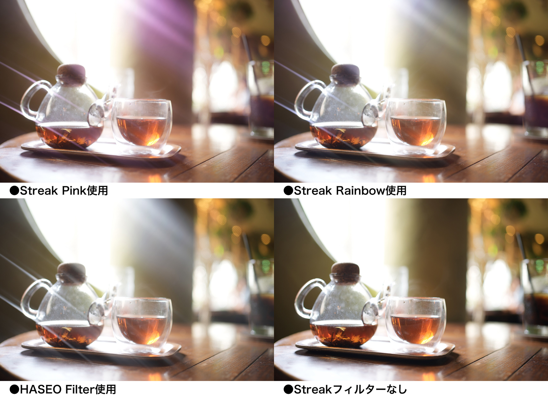 左上：Streak Pink、右上：Streak Rainbow、左下：HASEO Filter、右下：フィルターなし（画像はロカユニバーサルデザイン提供）