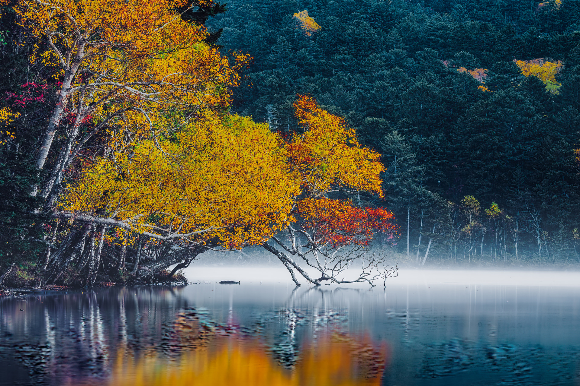 シャッター速度は25秒。滑らかな水面と湖面を走る気嵐を写し止めた。超望遠単焦点レンズ撮影仕様で風景写真にはオーバースペックな三脚と雲台も、こうしたシーンでは絶大な安心感がある<br><span class="fnt-85">ソニー α7R Ⅴ／FE 70-200mm F2.8 GM OSS／98mm／マニュアル露出（F16、25秒）／ISO 100／WB：オート</span>