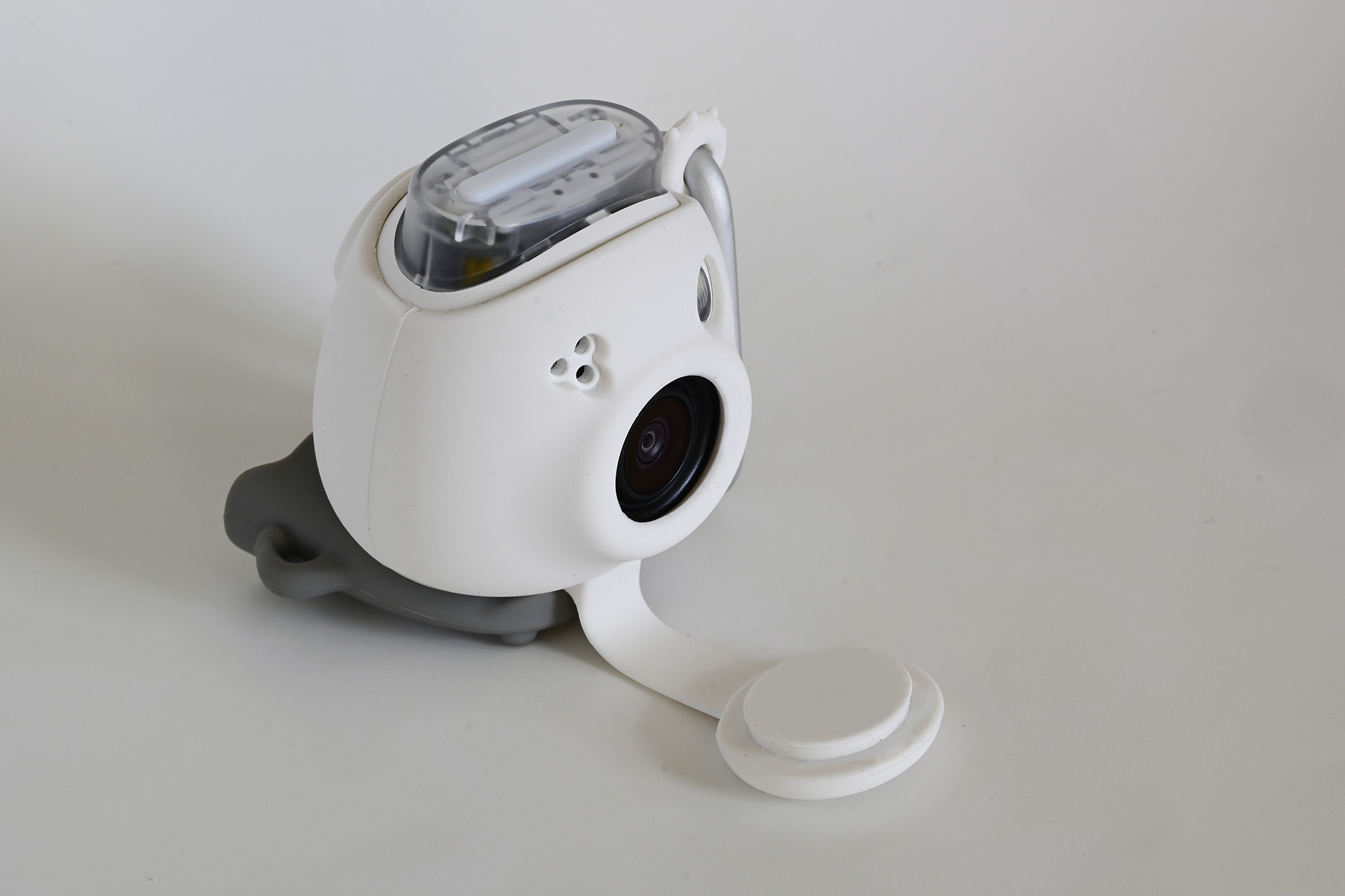 専用ケースに収めたところ。本体の載っているグレーの部分がリングストラップである。ケースの「左耳」のところにカラビナが装着されている