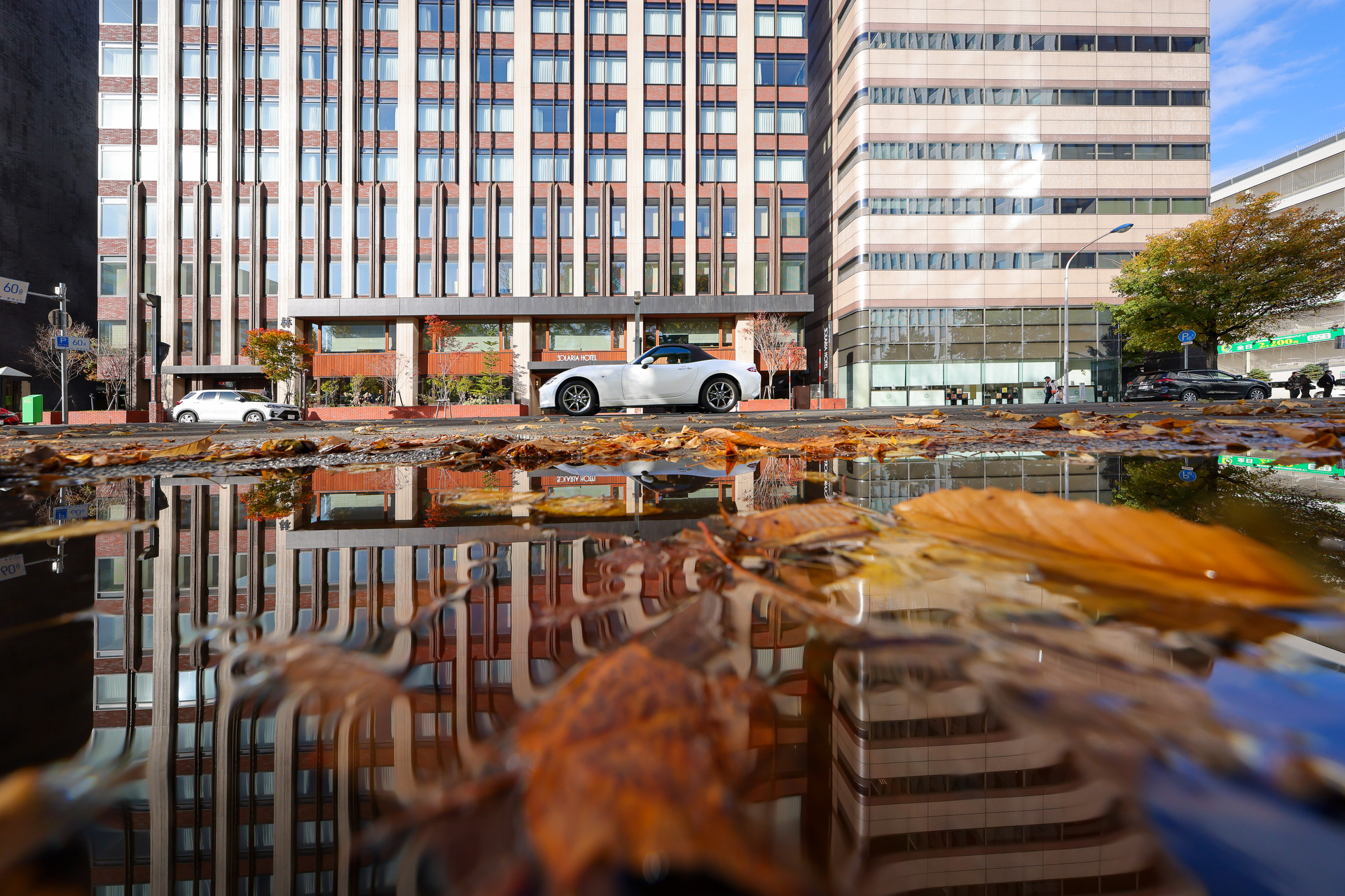 足下の水たまりの映り込みを使い、秋の名残と共に撮影。奥の建物はとても遠くに感じられますが、片側二車線の道路を挟んで撮影しているだけです。これだけの広さは普通の超広角レンズではなかなか撮れません<br>EOS R5／RF10-20mm F4 L IS STM／10mm／絞り優先AE（1/640秒・F5・+0.3EV）／ISO 200