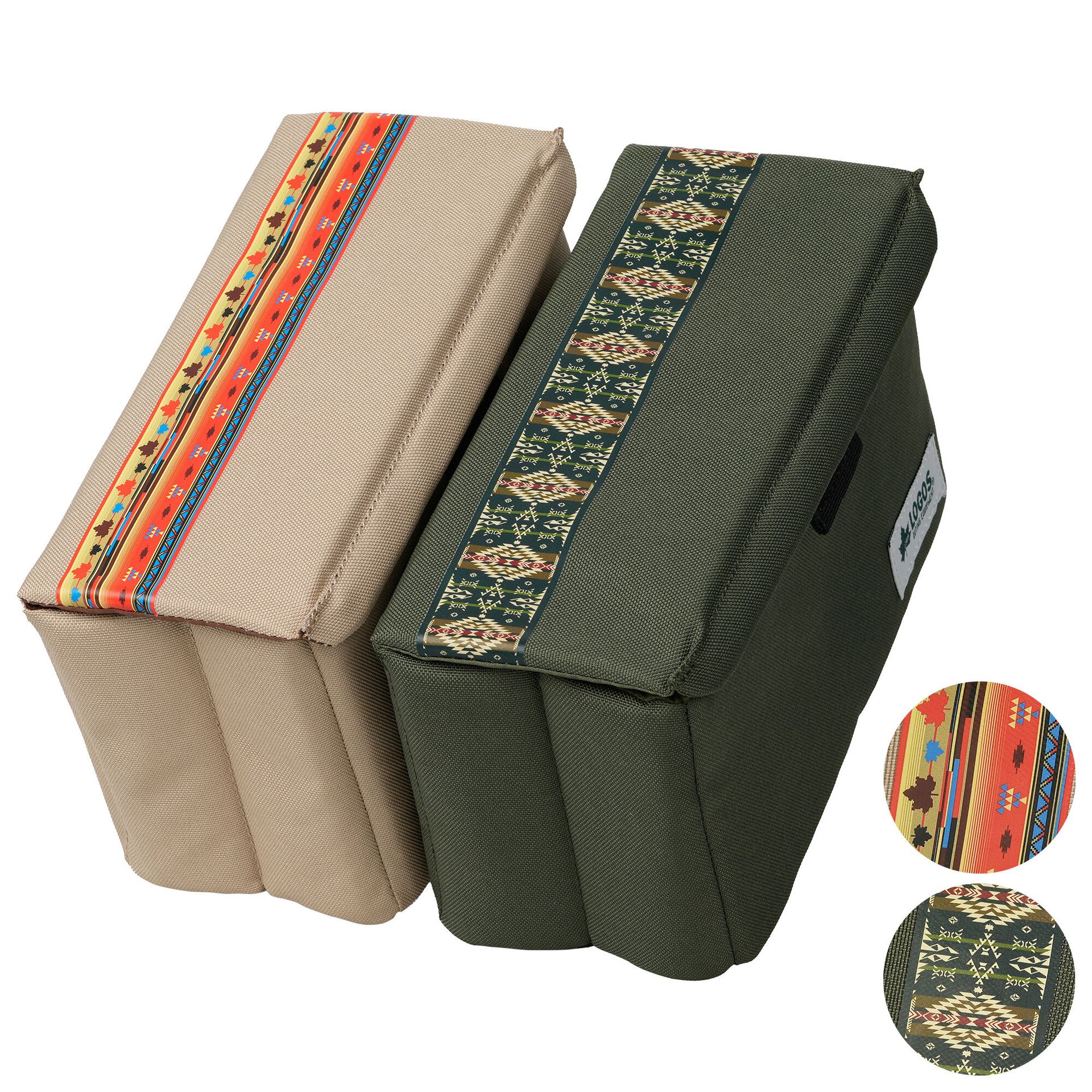 ナバホ柄（オレンジ）とロゴスランド柄（グリーン）