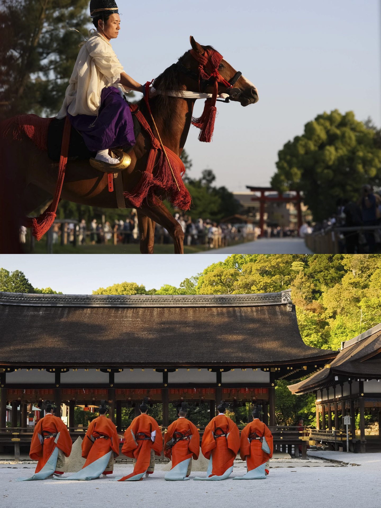 写真上は「走馬の儀」を走り終えた直後。写真下は「東遊（あずまあそび）」の舞を奉納する舞人たち