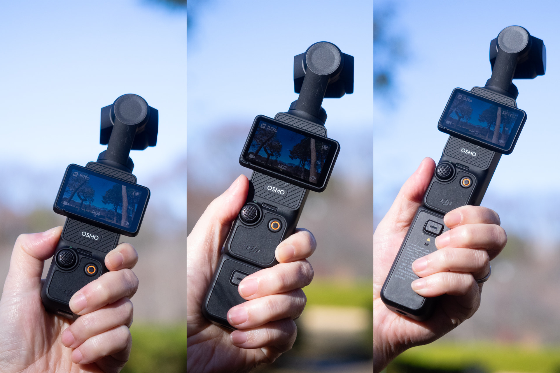 左から、本体のみ、本体＋ハンドル、本体＋バッテリーハンドルのホールド感。本体のみだと短いため落としそうな不安がある。バランスがよいのは本体+ハンドル（中央）の組み合わせ。今回の撮影はほぼすべてこのスタイルで行っている