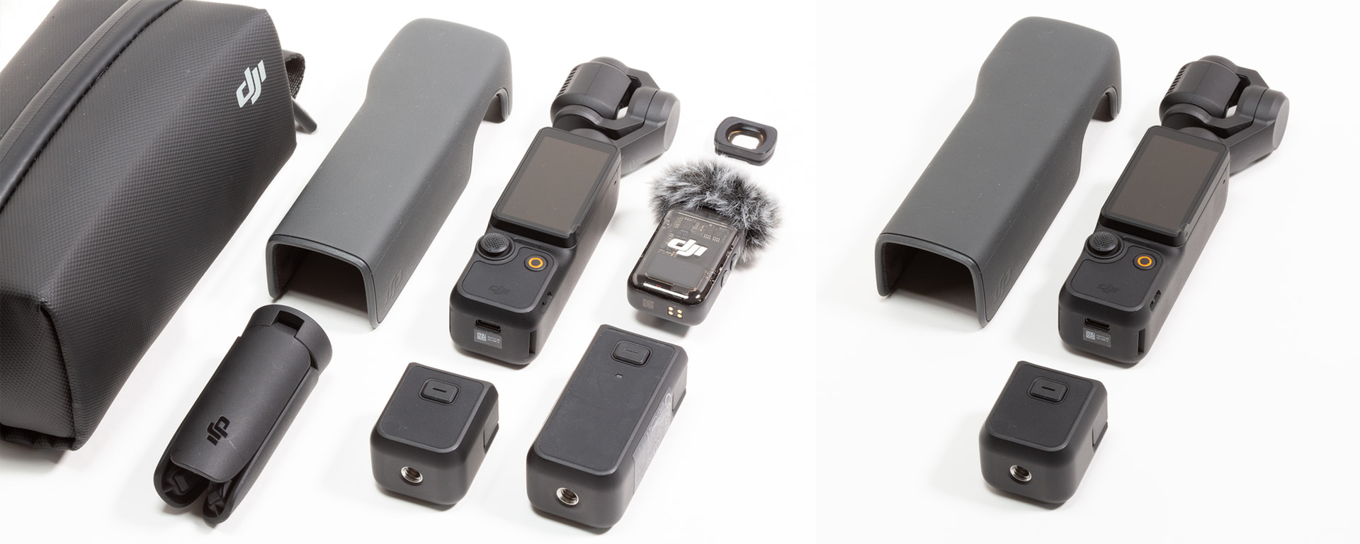 クリエイターコンボ（左）と通常版（右）のセット内容。大きな違いは、「DJI Mic 2 トランスミッター」（ワイヤレスマイク）、「バッテリーハンドル」「キャリーバッグ」「広角レンズ」の4点。上記の写真以外に、ストラップ、およびPD対応USB Type-Cケーブルが付属する