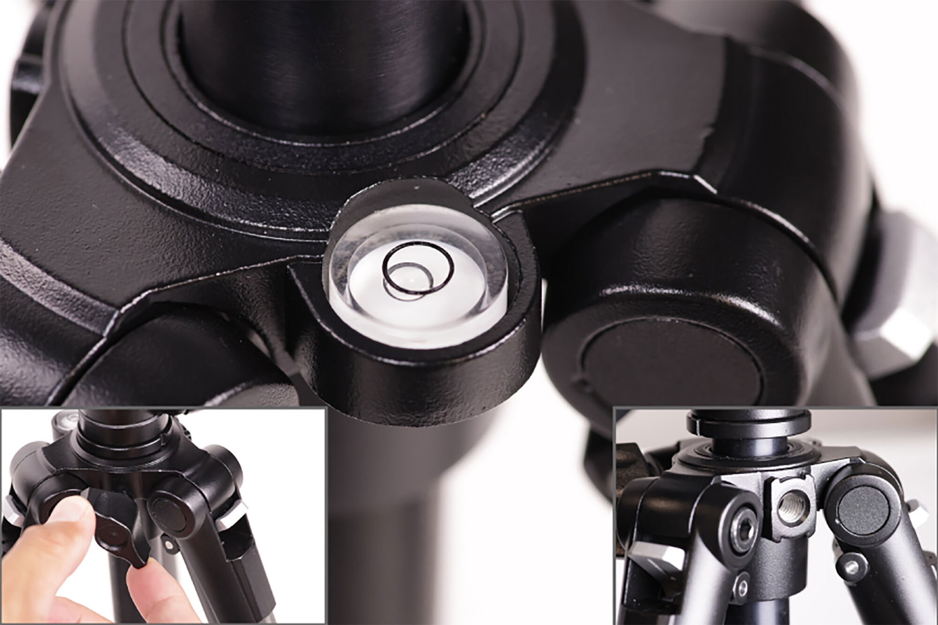 水準器（中央）、アクセサリー取り付けポート（右）を装備。エレベーターのつまみは大きくなった（左）